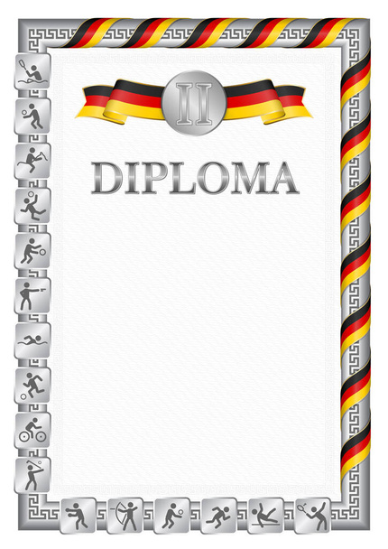 Вертикальный диплом за второе место в спортивных соревнованиях, серебряный цвет с лентой цвета флага Германии. Векторное изображение. - Вектор,изображение