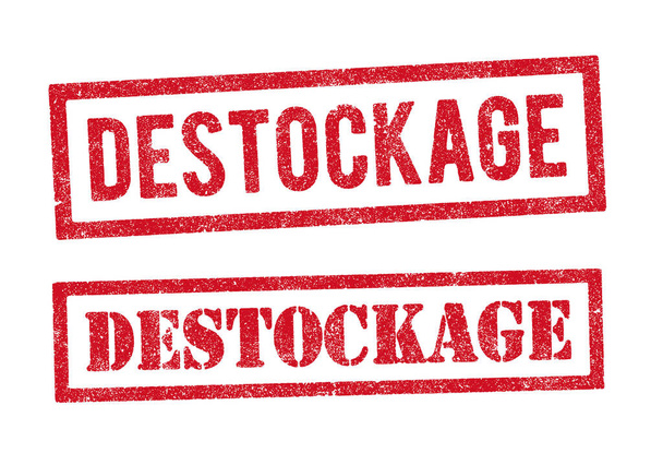 Εικονογράφηση διάνυσμα της λέξης Destockage (Εκκαθάριση στα γαλλικά) σε κόκκινο μελάνι σφραγίδα σε δύο διαφορετικά στυλ - Διάνυσμα, εικόνα