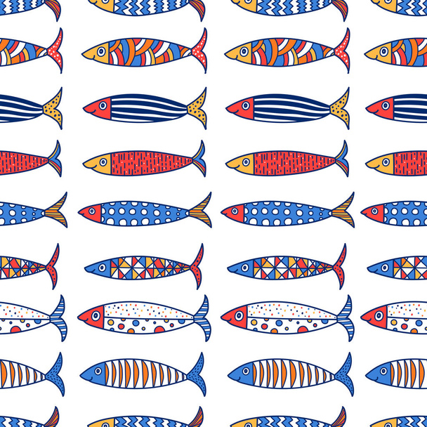 Cute fish. Sardines. Kids background. Seamless pattern. Can be used in textile industry, paper, background, scrapbooking. - Vector, Image