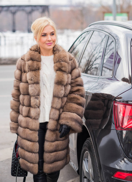 Nice elegant lady in fur coat at nature, autumn - winter season time, woman with attractive appearance - Photo, Image