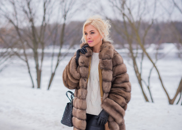  Nice elegant lady in fur coat at nature, autumn - winter season time, woman with attractive appearance - Photo, Image