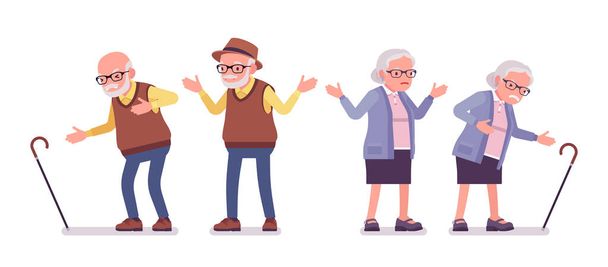 Alte Leute, alter Mann, Frau mit Rohrstock, die Herzschmerzen hat - Vektor, Bild