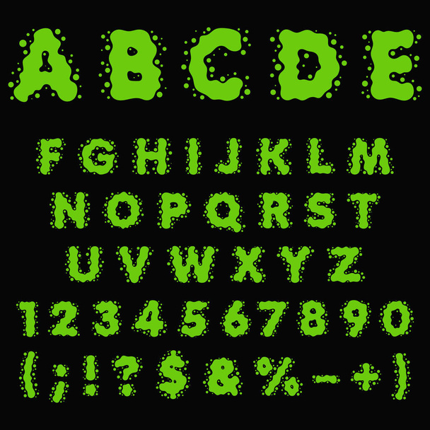 Alphabet, letters, numbers and signs made of green slime, liquid. Isolated colored vector objects on a black background. - Vector, Imagen