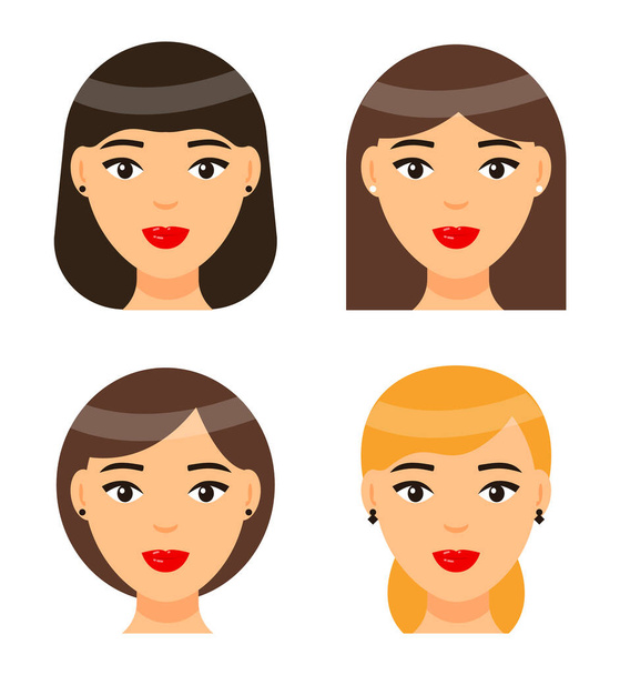 Set of women with different haircuts or hairstyles, cartoon character heads, beautiful female faces - Вектор,изображение