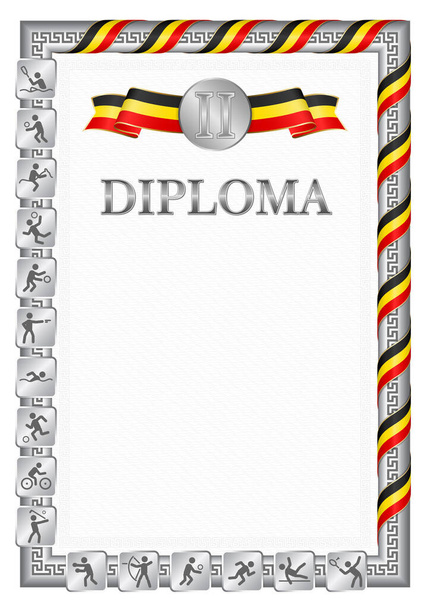 Diploma vertical para el segundo lugar en una competición deportiva, color plata con una cinta del color de la bandera de Uganda. Imagen vectorial. - Vector, imagen