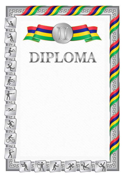 Diploma vertical para el segundo lugar en una competición deportiva, color plata con una cinta del color de la bandera de Mauricio. Imagen vectorial. - Vector, imagen