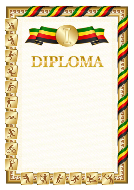 Diploma vertical para el primer lugar en una competición deportiva, color dorado con una cinta del color de la bandera de Zimbabue. Imagen vectorial. - Vector, imagen