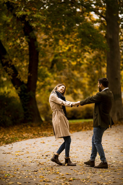 Handsome young couple having fun in the autumn park - Фото, изображение
