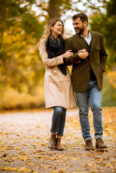 Hermosa pareja joven caminando en el parque de otoño - Foto, imagen