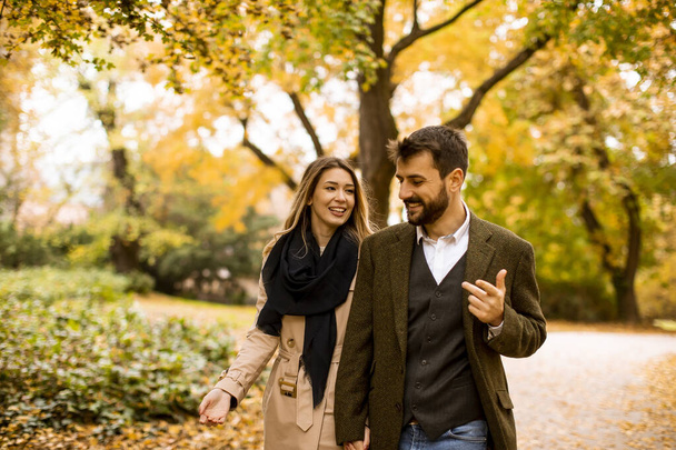 Jóképű fiatal pár sétál az őszi parkban - Fotó, kép