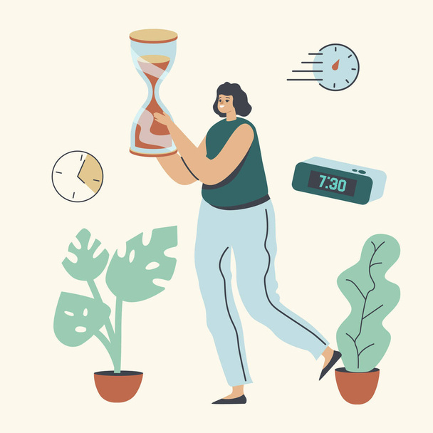Businesswoman Character Carry Hourglass, időgazdálkodás, halogatás, időhiány, munkatermelékenység koncepció - Vektor, kép