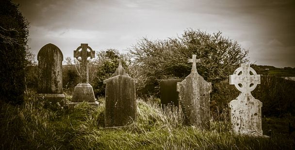 Ortaçağ kilise mezarlığındaki İrlanda Kelt Haçı. Eski ürkütücü mezarlık. Lanetli mezarlık. Ürkütücü bir yer. Eski mezarlar - Fotoğraf, Görsel