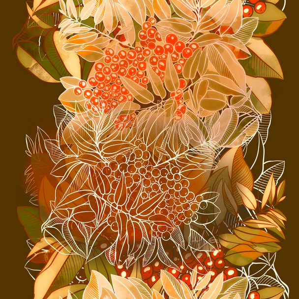 Rowan yaprakları ve böğürtlen karışımı tekrar tekrar kusursuz desen. Suluboya desenli, benekli ve sıçrayan dijital el çizimi. Karışık medya işleri. Testil dekor ve botanik tasarım için sonsuz motif - Fotoğraf, Görsel