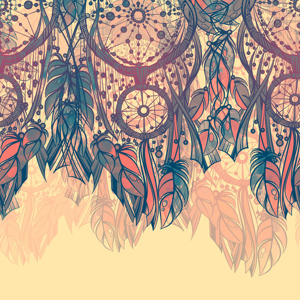 Los atrapasueños indios con plumas, cintas y perlas mezclan el borde sin costuras repetido. Cuadro digital dibujado a mano con textura acuarela, manchas y salpicaduras. Obras de arte mixtas. Motivo sin fin - Foto, imagen
