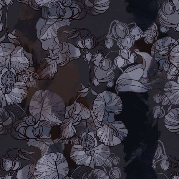 Відбитки диких орхідей змішують безшовний візерунок. Цифровий малюнок ручної роботи з акварельною текстурою, плямами та бризками. Змішані медіа-ілюстрації. Нескінченний мотив для текстильного та ботанічного дизайну
 - Фото, зображення