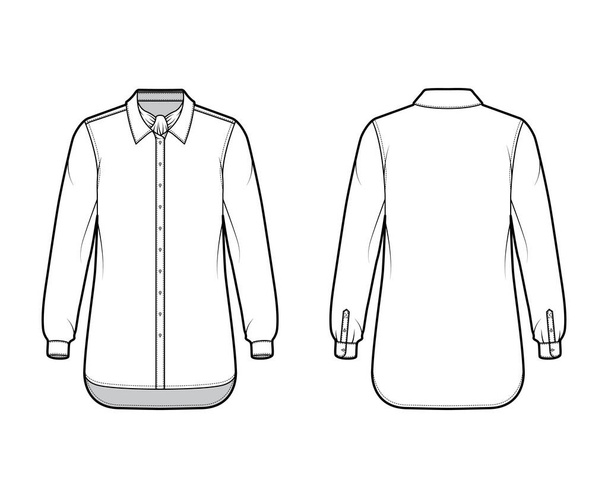 Camisa ascot stripe técnica moda ilustración con lazo, manga larga con puño, sobredimensionado, botón abajo, cuello - Vector, Imagen