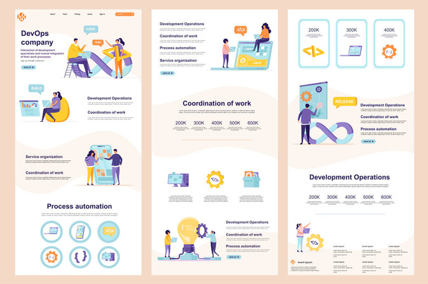 DevOps company flat landing page. Engineering and automation system corporate website design. Web banner template with header, middle content and footer. Vector illustration with people characters. - Vector, Image