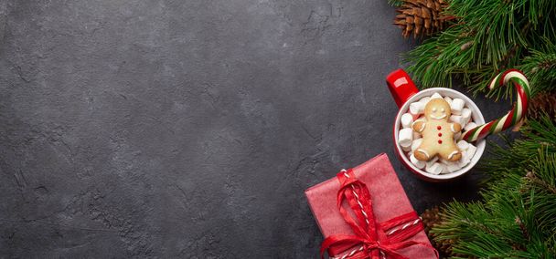 Vánoční přání s jedlí, dárkovou krabicí a šálkem kakaa s marshmallow, cukrovou třtinou a perníčkem. Na kamenném pozadí s kopírovacím prostorem pro vaše vánoční pozdravy. Horní pohled rovný - Fotografie, Obrázek