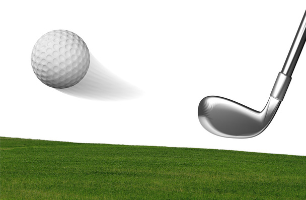 Гольф-клуб с мячом на зеленом поле на белом
 - Фото, изображение
