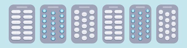 conjunto de pastillas tableta con embalaje icono de dibujos animados plantilla de diseño con varios modelos. ilustración vectorial moderna aislada sobre fondo azul - Vector, imagen