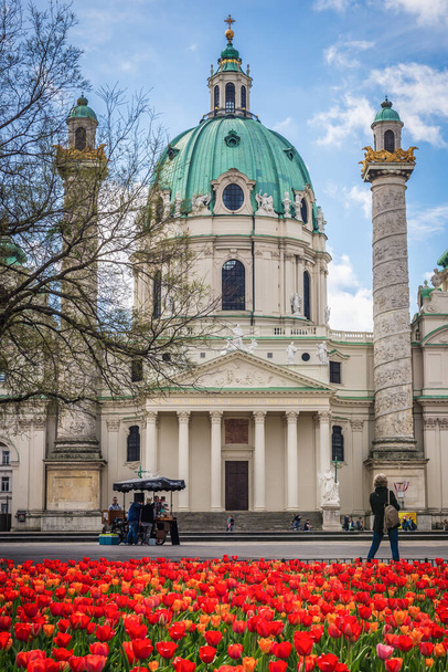Vienna, Austria - April 13, 2018: Front view of Church of St Charles Borromeo - famous Karlskirche in Vienna city - 写真・画像