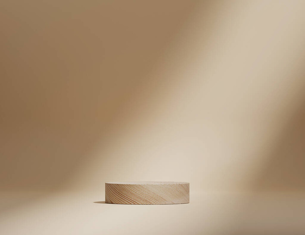 Fondo 3D, podio pedestal de tubo de madera sobre fondo beige pastel sombra natural. Exhibición de madera de cosméticos de belleza para la promoción del producto o texto. Estudio desnudo Escaparate mínimo Anuncio de renderizado 3D.  - Foto, Imagen
