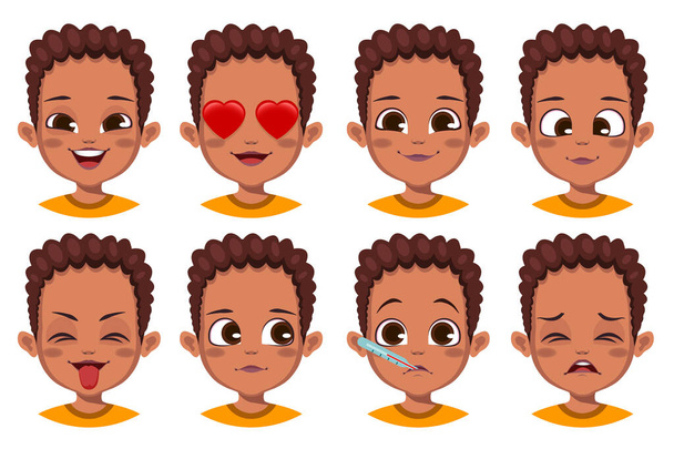 lindo africano chico con diferente facial expresión conjunto - Vector, imagen