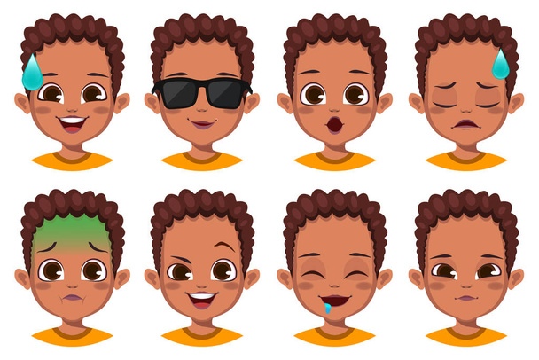 cute African boy with different facial expression set - Vector, Image