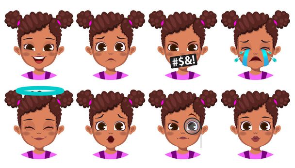 cute African girl with different facial expression set - Vector, Image