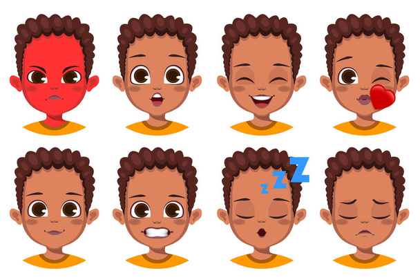 aranyos afrikai fiú különböző arckifejezés készlet - Vektor, kép
