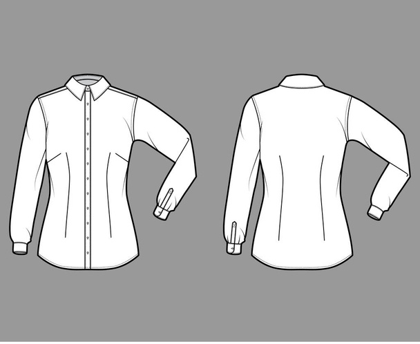Camicia adatta illustrazione tecnica di moda con piega del gomito manica lunga, vestibilità slim, freccette, button-down - Vettoriali, immagini