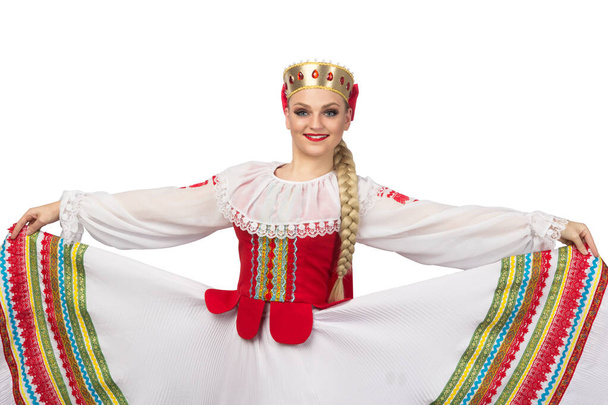 Beautiful smiling caucasian girl in belarussian folk costume isolated on white background - Fotó, kép