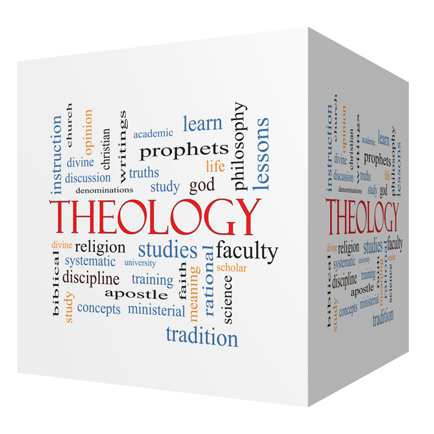 Theology 3D cube Word Cloud Concept - Photo, Image