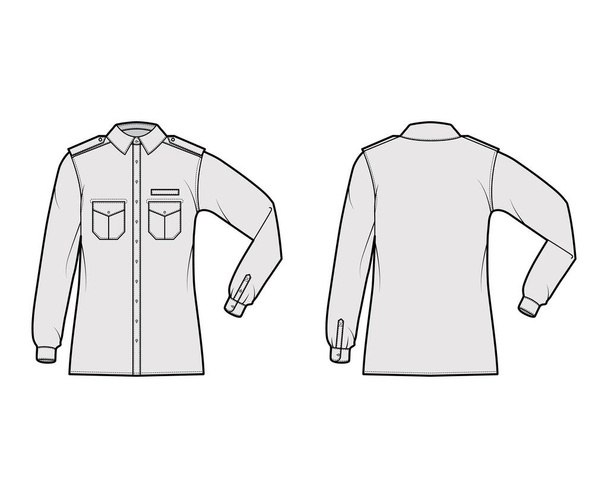 Camisa militar técnica moda ilustração com epaulette, abas bolsos angulados, cotovelo dobrar manga longa, relaxar ajuste - Vetor, Imagem