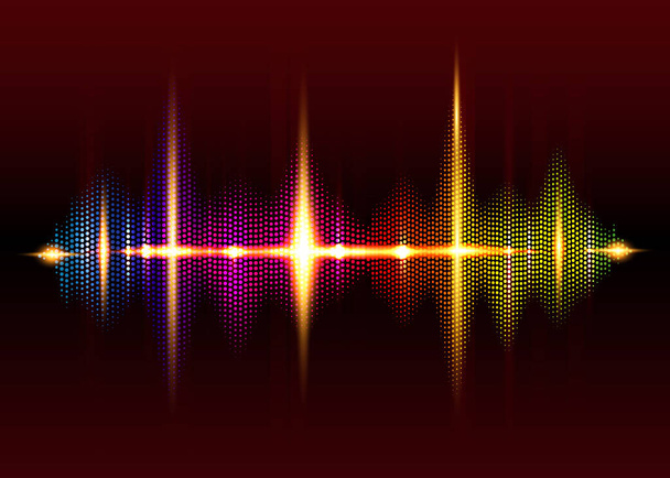hanghullám ritmus háttér. Spektrum színes digitális Sound Wave kiegyenlítő, technológia és földrengéshullám koncepció, design zeneipar számára. Világító fény pont vonalak stílus vektor elszigetelt fekete  - Vektor, kép