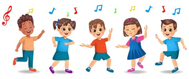 aranyos gyerekek táncolnak zenére együtt - Vektor, kép