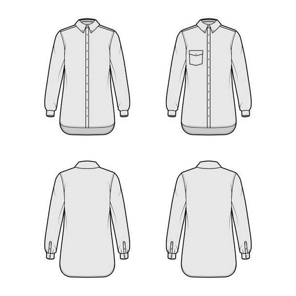 Set di Camicia button-down illustrazione tecnica di moda con tasca angolata, piega del gomito, maniche lunghe diritte, oversize - Vettoriali, immagini