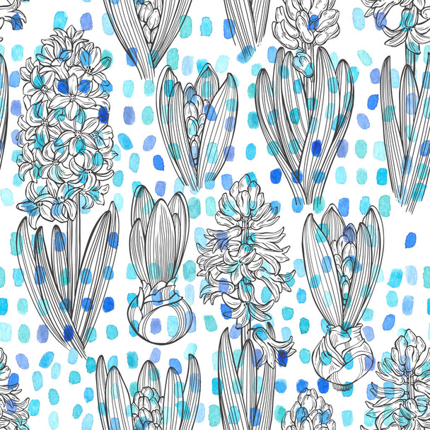 Hyacinths. Floral endless background. Hand-drawn spring illustration. Perfect for design templates,  wallpaper, wrapping, fabric and textile. - Φωτογραφία, εικόνα