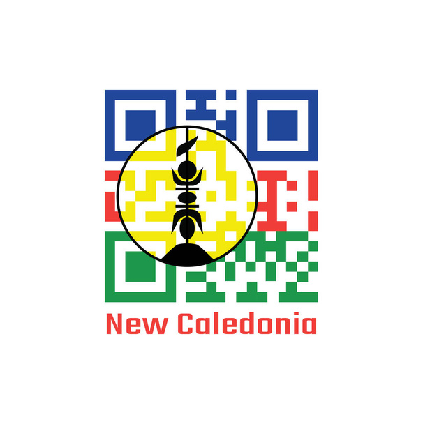 QR code set the color of New Caledonia flag. blue red and green with a yellow disc fibrated black and defaced with a vertical symbol, also black with text New Caledonia. - Vector, Image