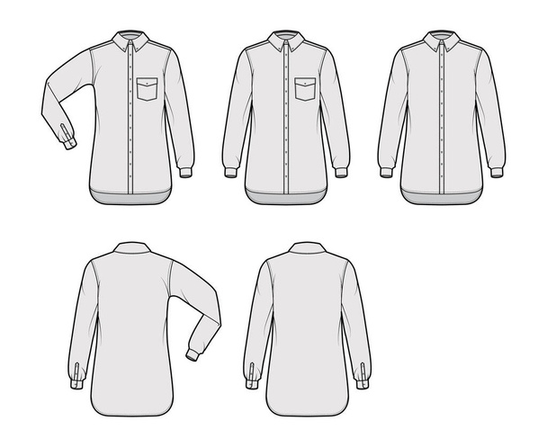 Set di Camicia button-down illustrazione tecnica di moda con tasca angolata, piega del gomito, maniche lunghe diritte, oversize - Vettoriali, immagini