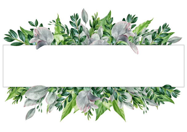 Floral πλαίσιο. Κομψό πράσινο πλαίσιο υδατογραφίας από ευκάλυπτο, hedera, buxus και φύλλα monstera. Χειροποίητο κομψό περίγραμμα, έτοιμο για εκτύπωση. Ιδανικό για ευχετήριες κάρτες και προσκλητήρια, διακόσμηση - Φωτογραφία, εικόνα