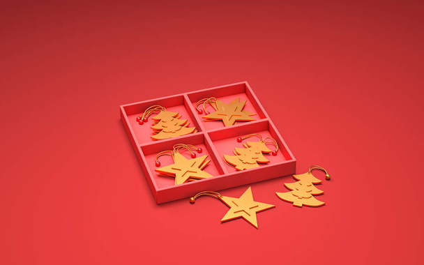 Objetos de decoración de Navidad de color rojo en un solo fondo de color rojo, renderizado 3d, año nuevo - Foto, imagen