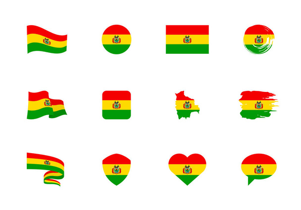 Bolívia zászló - lapos gyűjtemény. Különböző alakú tizenkét lapos ikonok lobogói. Vektorillusztrációs készlet - Vektor, kép