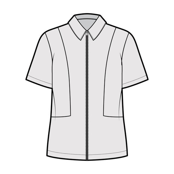 Camisa completa con cremallera ilustración técnica de moda con mangas cortas, ajuste relajante, yugos, cuello plano. Plantilla frontal - Vector, Imagen