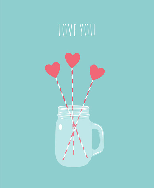Romantic card for Valentine's Day holiday. Decorative jar with hearts on sticks in it. Love you postcard flat illustration. - Vector cartoon drawing - Vecteur, image