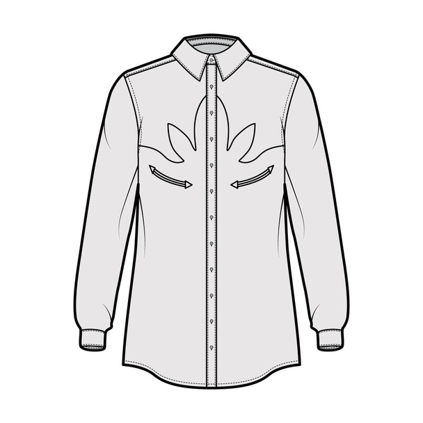 Camisa occidental técnica moda ilustración con mangas largas, bolsillos reforzados, relajarse en forma, yugos, botón de abajo,  - Vector, Imagen