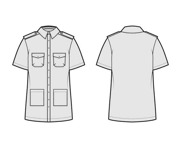 Сафари рубашки техническая мода иллюстрация с короткими рукавами, закрылками и пластырями карманы, расслабляющий прикид, эполеты, кнопки - Вектор,изображение