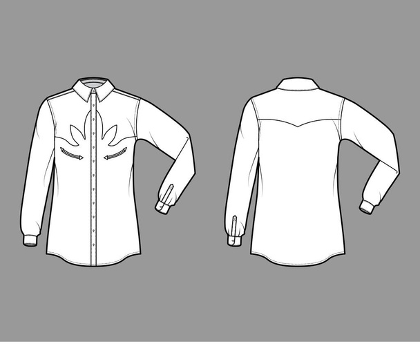 Košile západní technické módní ilustrace s loketní ohyb dlouhé rukávy, vyztužené kapsy, relaxační fit, pouta, tlačítko - Vektor, obrázek