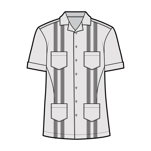 Camisa guayabera técnica de moda ilustración con mangas cortas, pintucked, bolsillos de parche, ajuste relajante, yugo botón abajo - Vector, Imagen