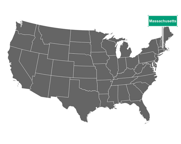 Massachusettsin osavaltion raja-arvomerkki ja kartta USA:sta vektoriesimerkkinä - Vektori, kuva
